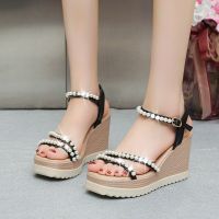 Summer Basic Wedge Sandals New High Platform Ladies Shoes Sweet One Word Buckle String Bead Shoes Womens Casual Sandal Zapatos