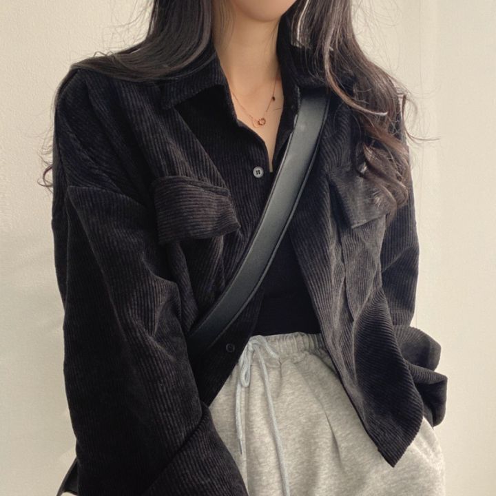 spot-korean-french-style-vintage-single-breasted-lapel-corduroy-shirt-long-sleeve-coat-female-fashion-2023