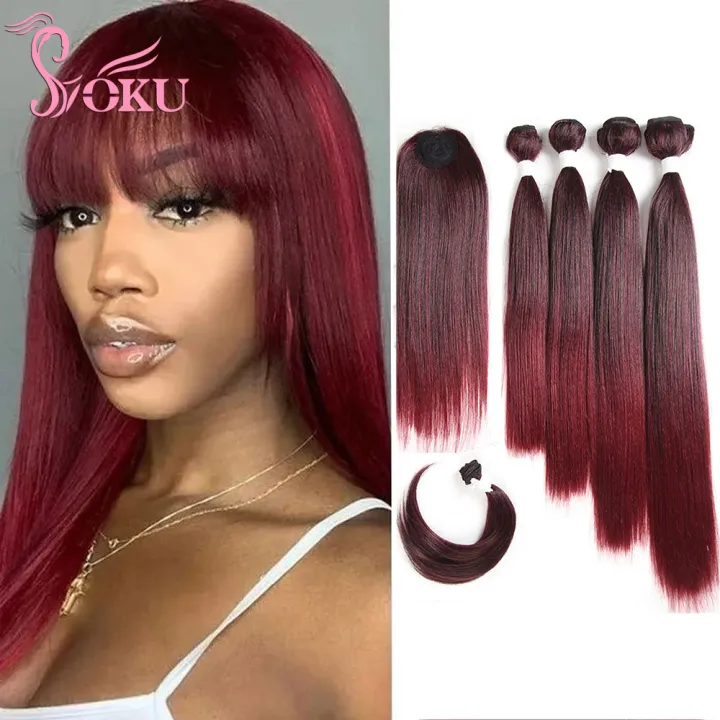 Ombre Red Synthetic Hair Bundles with Closure and Bangs 12-18 inches Hair  Extension for Unprocessed wig Soku hair weft weaving | Lazada PH