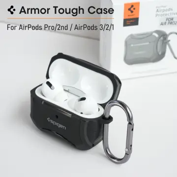 Original Spigen Rugged Armor Carbon Fiber Earphone Case For Apple AirPods  Pro 2 Air Pods 3 TPU Headphones Cover With Carabiner 