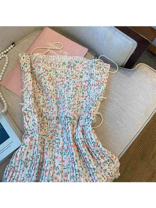 new-women-aesthetic-spaghetti-strap-pleated-dress-flower-print-summer-y-korean-fashion-slash-neck-mini-design-ins-street