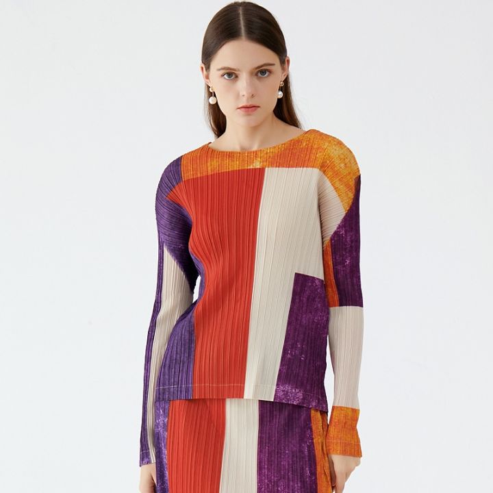 miyake-เสื้อผ้าสตรี-2023-ฤดูใบไม้ผลิแฟชั่นลายสก๊อตพิมพ์และย้อมสี-2-ชิ้นลายสก๊อตชุดกระโปรงหญิง