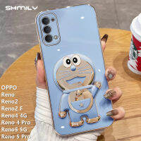 Shmily แฟชั่น DingDong เคสโทรศัพท์ยืนแมวสำหรับ OPPO Reno Reno2 Reno2 F Reno4 4G Reno 4 Pro Reno5 5G Reno 5 Pro หรูหราฝาครอบโทรศัพท์ซิลิโคนนิ่มกันกระแทก5G Reno 5 Pro ขอบตรงด้วยไฟฟ้า