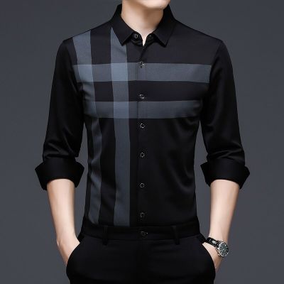 HOT11★BROWON Cal Men Shirts 2023 Spring Autumn Striped Design Vintage Style Shirt Long Sleeve Business Party Tops Anti-wrinkle