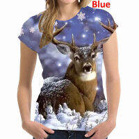 2023 newWomens Cool Fashion Personality 3d Deer Graphic Printing Tee Casual Short-sleeve Round Neck T-shirt