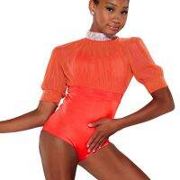 Midee 2 Piece Set Lycra Leotard With Mesh Shirred Bodice Crop Overlay Crystal Mock Neck Lyrical Dance Stage Performance Costume