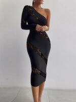 Contrast Lace One Shoulder Sexy Mid-Calf Bodycon Dress