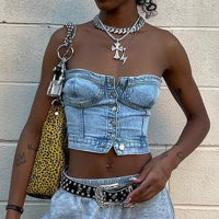 Modelhouses # Women Denim Vest, Off Shoulder Street Casual Party Street Fall Buttons Short Wrap Chest Vest