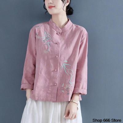 Baju Wanita Lengan Panjang Tradisional Cina Oriental Katun Linen Antik Hanfu Atasan Teh Seni Oriental เสื้อเรโทรชุดจีน