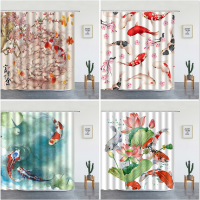 Japanese Scenery Shower Curtains Koi Carp Fish And Cherry Blossom Watercolor Design for Bathroom Decor Set Washable Bath Screen