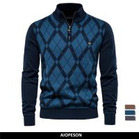 【CW】 AIOPESON Argyle Men Sweaters Cotton Mock Neck Patchwork Pullover Fashion Warm for