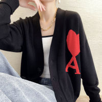 Knitted Cardigan Sweater Women Red Heart Love Letter Harajuku Korean V Neck Loose Long Sleeve Outwear 2021 Couple Clothes Jacket