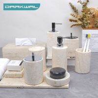 【jw】﹍✣❉  Bege Travertino Banheiro Acessórios Nartural Mármore Candlestick Dispenser Cotonetes Bandeja Set