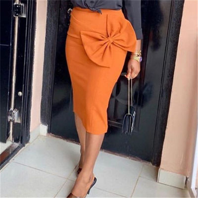 Black Bodycon Pencil Skirt Women  High Waisted Big Bow Mid-Calf Solid Office Ladies Slim Skirts Summer Casual