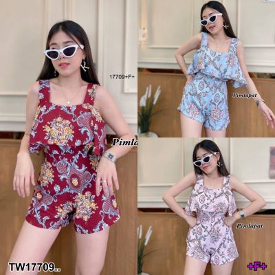 TW17709 Set 2 ชิ้น เสื้ิสายใหญ่ อกระบายพิมลาย + กางเกงขาสั้น พิมลาย