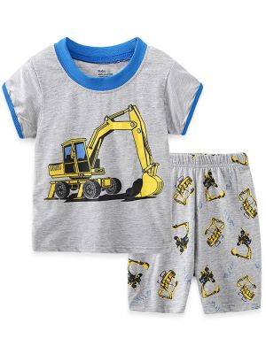 Toddler Boys Short Cartoon Excavator Print Pajamas Sets,2-Piece Set#6016