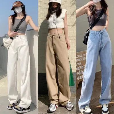 Mrs.huang shop กางเกงยีนส์ขายาวทรงกระบอกขาไม่บาน มีสีฟ้า/สีกากี/สีขาว ไซด์XS-4XL วินเทจ คุณภาพสูง เนื้อผ้าดีระบายอากาศใส่สบาย
