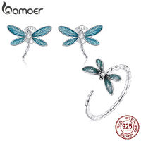BAMOER Vintage 925 Sterling Silver Dainty Dragonfly Stud Earrings &amp; Dragonfly Open Size Ring for ine Jewelry Set Gift