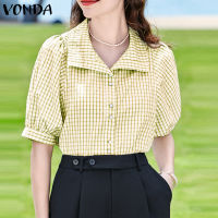 (จัดส่งฟรี)Fancystyle VONDA เสื้อเชิ้ตผู้หญิง,เสื้อแขนเสื้อลายตารางพัฟคอปกเสื้อลำลองติดกระดุม