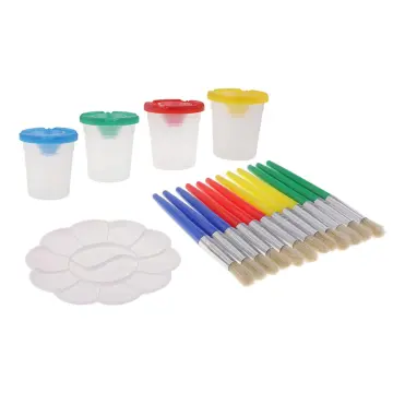 Spill Proof Paint Cups, 4pcs Washable Paint Cups with 4pcs Colored Paint Brushes in 4 Colors for Toddler Kids Art Painting