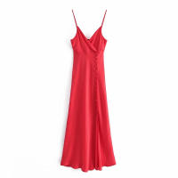 NWOMN Za Women Red Strap Dress Satin Long Dresses Summer Woman 2021 Fashion Button Backless Sexy Black Elegant Party Dresses