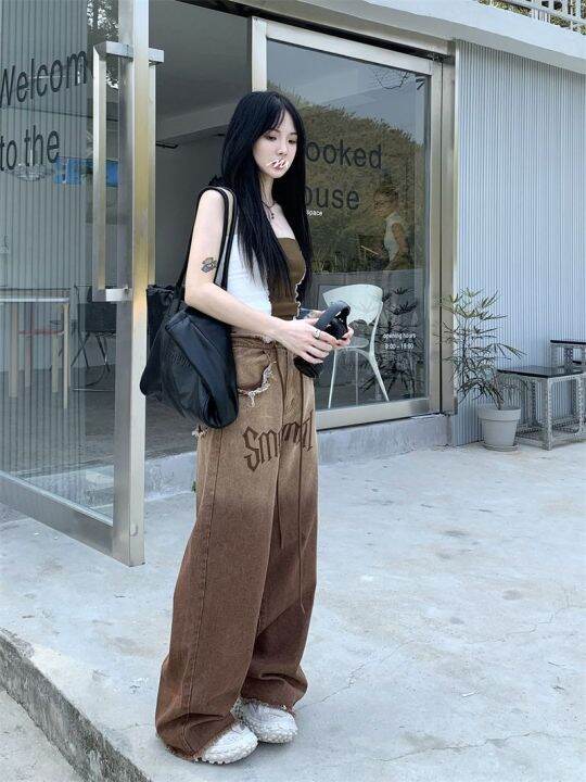 เสื้อ-spice-girl-fried-street-gradient-drawstring-jeans-women-spring-and-summer-casual-high-street-vibe-straight-leg-wide-leg-pants-high-waist-mopping-pants