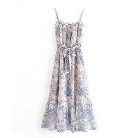 European and American style summer new French floral swallow print loose elastic belt strap suspender dress