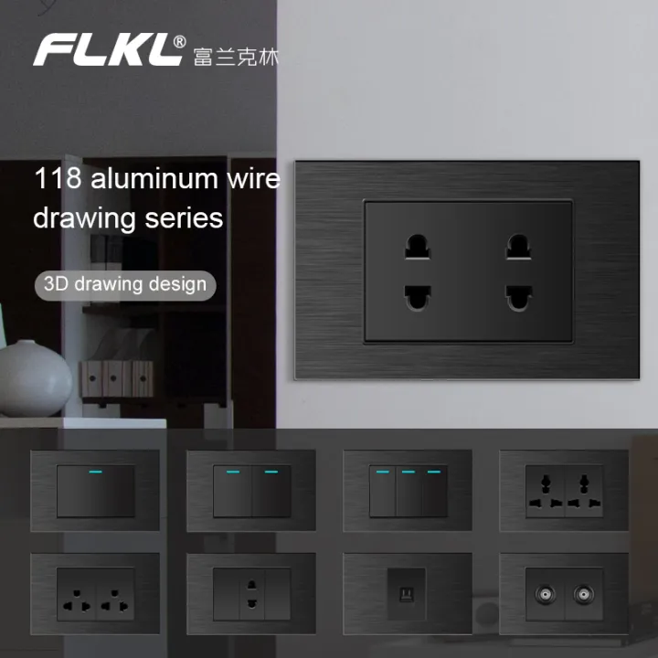 FLKL outlet socket for wall Light Switch for House Black 15amp Universal Modern Socket brushed