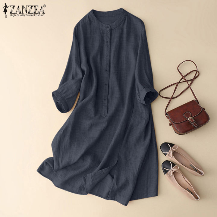 สินค้ามาใหม่-จัดส่งฟรี-เสื้อกระดุมหลวมลำลองผู้หญิง-fancystyle-zanzea-ชุดเดรส-ol-ทำงานชุดเดรสมิดีทึบ-2