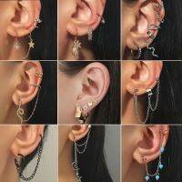 [COD] Korean version of simple earring set beaded star chain no hole ear clip cold wind one-piece hanging single female