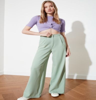 [COD] Cross-border European and beltless wide-leg slim high-waisted trousers thin pressed pleated straight-leg green temperament commuter