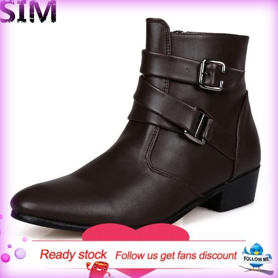 SIM รองเท้าหนังผู้ชายรองเท้าบูทสูงหัวเข็มขัด 3 สีรองเท้า kasut lelaki ขนาดบวก