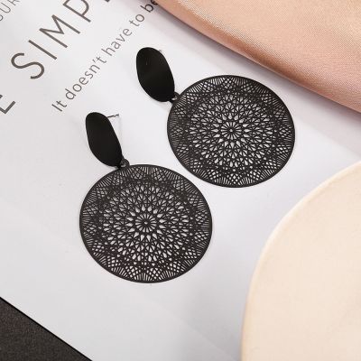 FSUNION 2022 New Black Earrings Bohemian Openwork Pattern Earrings For Women Big Statement Earrings Jewelry Gifts