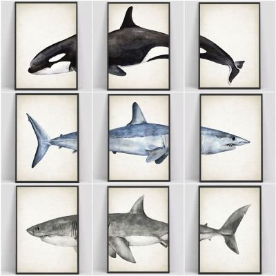 ศิลปะผ้าใบสัตว์ทะเลนามธรรมเก๋ไก๋-3ชิ้นฉลามและปลาวาฬตกแต่งผนังสำหรับห้องนั่งเล่น