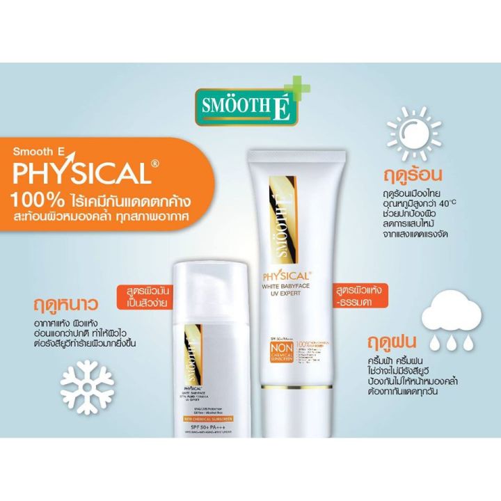 แพ็ค-3-smooth-e-physical-white-40-g-ครีมกันแดดชนิดไม่มีสารเคมี-spf-50-pa-สีขาว-ปกป้องผิวจากแสงแดดได้ยาวนาน-8-ชั่วโมง-อ่อนโยนสำหรับผิวบอบบาง-แพ้ง่าย