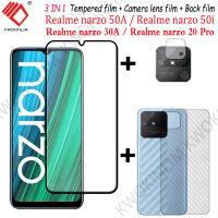 (3 In 1) For Realme Narzo 50 50A 50i 30A Realme Narzo 20 Pro ฟิล์มกระจกนิรภัย Tempered Glass ฟิล์มกระจกกันรอยกล้องหลัง+เลนส์กล้องถ่ายรูปฟิล์ม + 3D คาร์บอนไฟเบอร์ด้านหลังฟิ