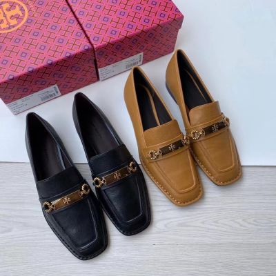 2023 new Tory Burch Perrine Two Colors Enamel Double T Logo Plaque and Braided Brass Loop Sheepskin Square-Toe Loafers