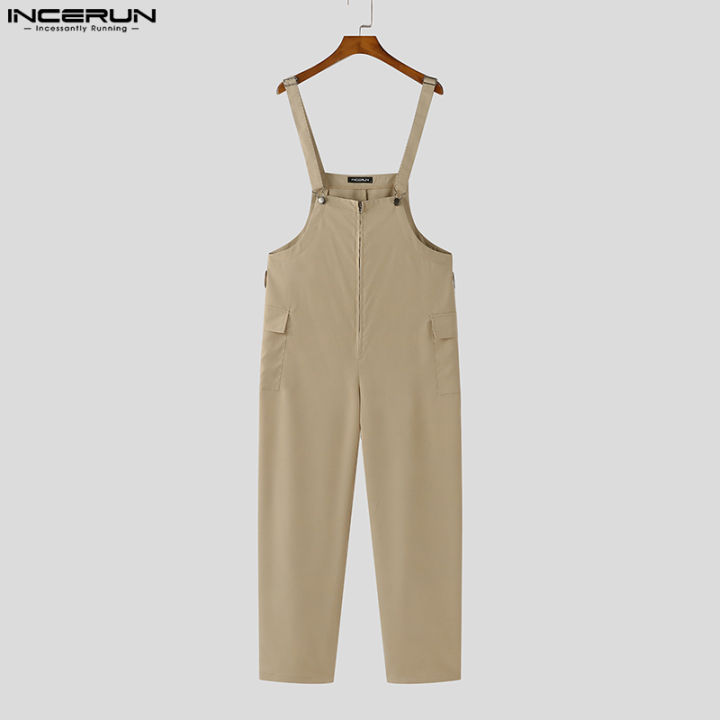 incerun-ชุดเอี๊ยมเอี๊ยมมีสายรัดสำหรับผู้ชายกางเกงคาร์โก้ชุดเอี๊ยมกางเกงเอี๊ยมชุดรอมเปอร์-สไตล์เกาหลี