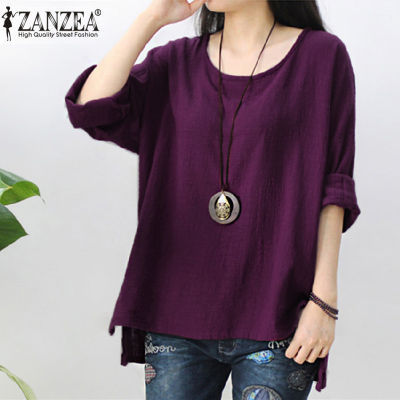 ZANZEA Women Vintage Long Sleeve Solid Blouse Autumn Casual Loose Tops Party Baggy Blusas Robe Femme Office Cotton Linen Shirt
