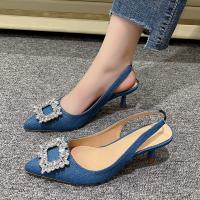 Fine with high heels temperament socialite denim baotou diamond 2023 new spring and summer point single shoes sandals