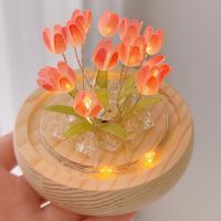 Tulip Night Light LED Bedroom Ins Sleep Lights Birthday Tanabata Gift Girl Flower Atmosphere 3D Base Glass Lampshade Table Lamps