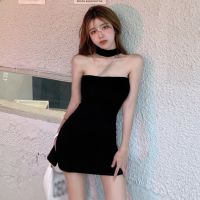 COD SDFGERTYTRRT Niche Flashing Diamond Chain One-Piece Dress Halter Neck Sling Black Hip-Packed Women Temperament One-Shoulder Showing Chest Short Skirt Hip-Pack