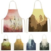 Natural Scenery Style Chef Apron Cleaning Pinafore Apron Dress Women Plant Pattern Sleeveless Cotton Linen Aprons Custom Apron