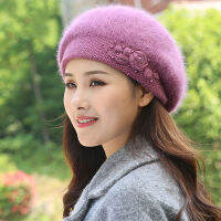 Beret Women Winter Hat Angora Knit Beanie Autumn Warm Flower Double Layers Skiing Thermal Outdoor Accessory For Lady