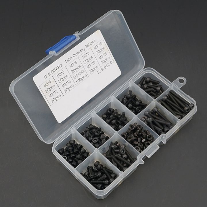 hot-280pcs-screw-kits-socket-cap-din912-carbon-cylindrical-set