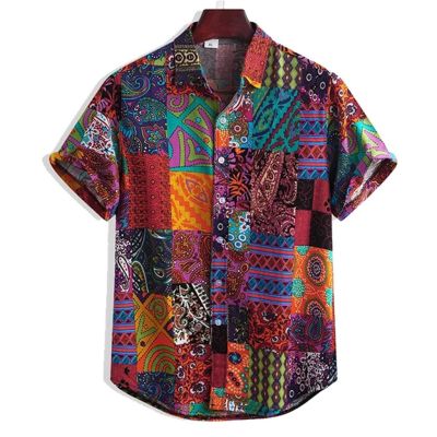 เสื้อแขนสั้นพิมพ์ลายสไตล์ชาวฮาวายสำหรับผู้ชาย,เสื้อลายเรขาคณิตพื้นบ้านสีสันเสื้อเชิ้ตลายดอกฤดูร้อนลำลอง