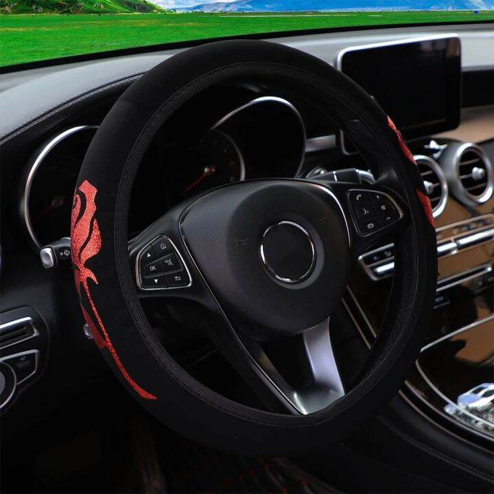 automobile-accessories-ledtengjie-เคสพวงมาลัยรถยนต์ไม่มีแหวนภายในยางยืดหนังลายดอกกุหลาบแวววาวสำหรับ37-38ซม