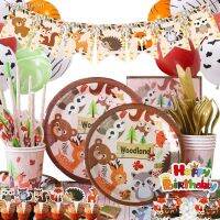 №┅ Woodland Forest Birthday Party Decoration Animal Zoo Fox Lion Elephant Boys Disposable Tableware Cake Topper