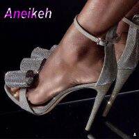 【CW】 Aneikeh 2023 Rhinestone Sandals Silvery Butterfly-knot Fashion Heels Ankle Ladies Shoes