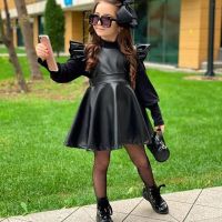 Toddler Baby Girl Black Overall Dress Soft Fabric Faux Leather Ruffle Sleeve Backless Suspender Skirt Comfortable Sweet Casual  by Hs2023